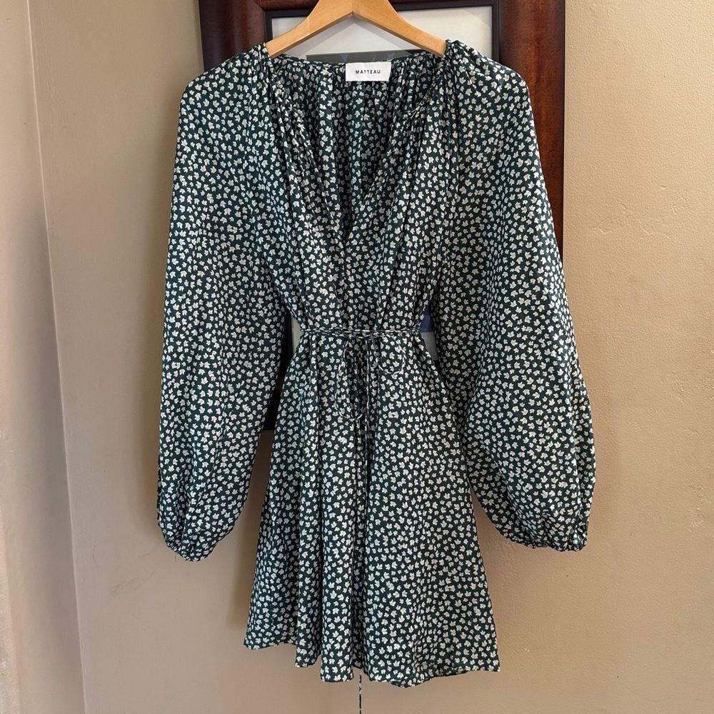Matteau Silk Cotton Blend Voluminous Mini Dress Green White Floral Print - Picture 10 of 12